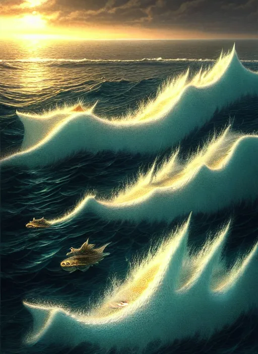 Image similar to a hyper - detailed 3 d render of aquatic animals @ of the cresting waves at dusk, surrealism!!!!! surreal concept art, lifelike, photorealistic, digital painting, aesthetic, smooth, sharp focus, artstation hd, by greg rutkowski, bruce pennington, valentina remenar and asher duran,