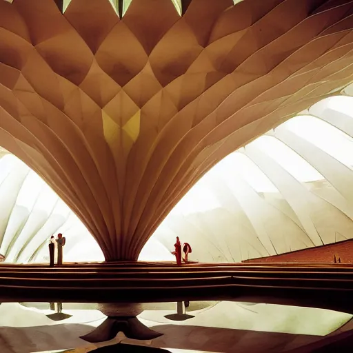 Prompt: interior of a futuristic lotus temple with gold, red and white marble panels, shafts of sunlight in the centre, in the desert, by buckminster fuller and syd mead, intricate contemporary architecture with art nouveau motifs, photo journalism, photography, cinematic, national geographic photoshoot