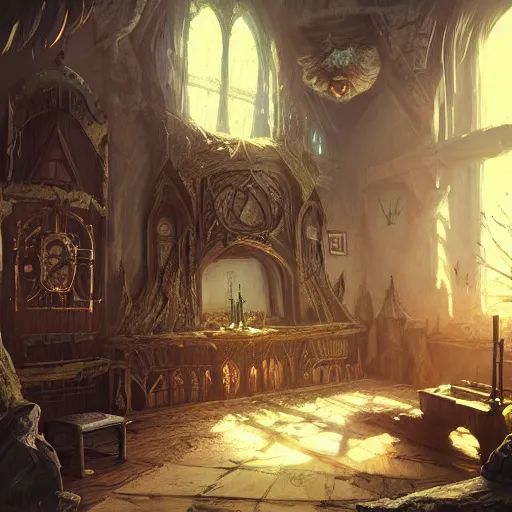 Image similar to interior witch's house, fantasy art, in the style of greg rutkowski, illustration, epic, fantasy, cinematic, intricate, hyper detailed, artstation, concept art, smooth, sharp focus, ray tracing