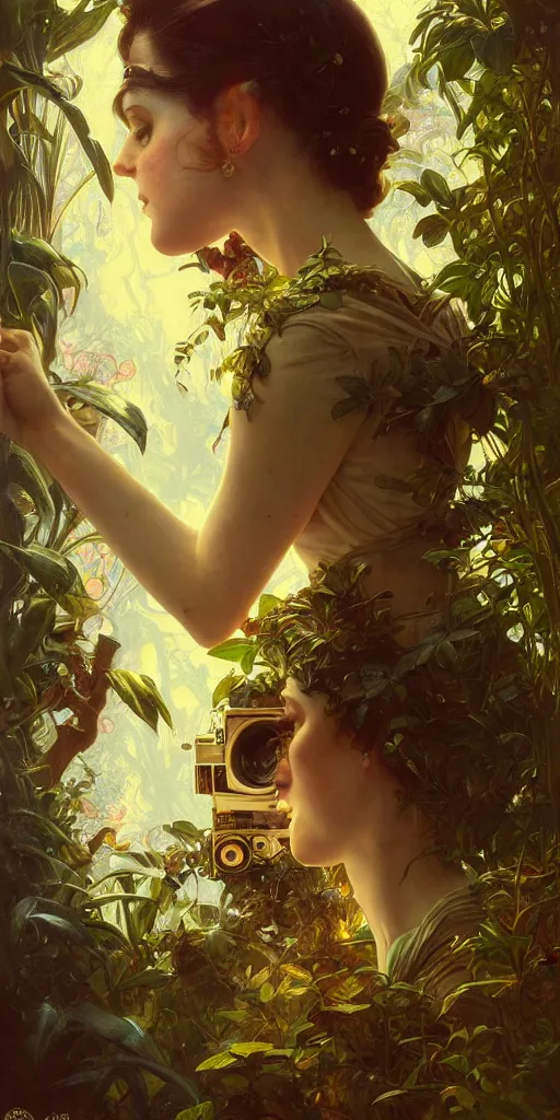 Image similar to hyper realistic photographer looking through a vintage medium format camera, design on white background, beautiful details, lush foliage cyberpunk, gold, drawn by john singer sargent, tom bagshaw, norman rockwell, alphonso mucha, lolish, trending on artstation