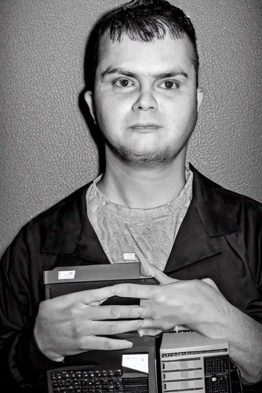 Image similar to extremely detailed closeup portrait arrest photo of the programmer who killed the middle manager who bought an ibm mainframe and actually thought that was a good idea. high contrast color, orange jumpsuit, absolutely no regrets