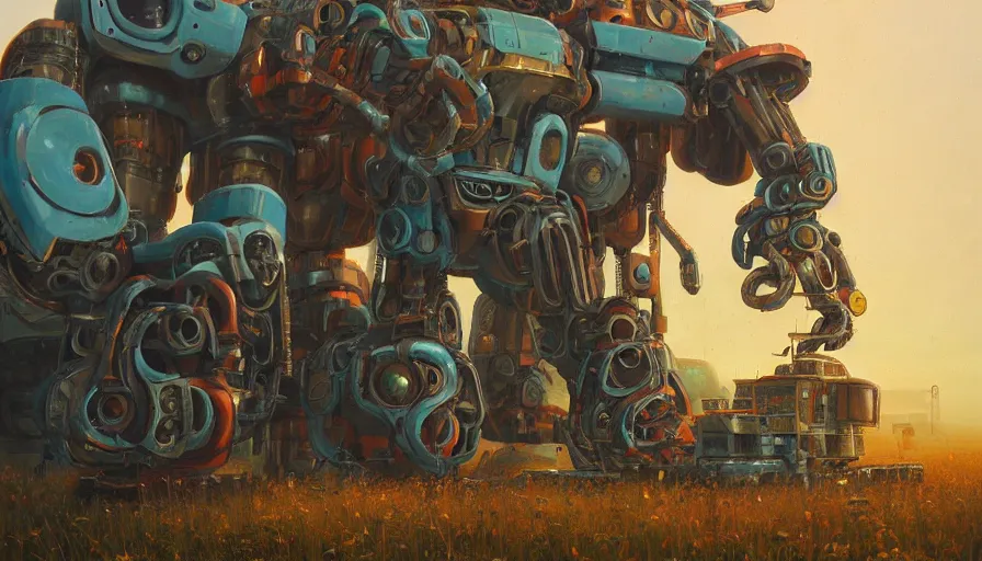 Image similar to an intricate oil painting of a giant scrap metal anime combine harvester humanoid mecha with rounded components by simon stalenhag