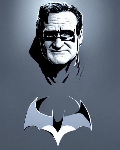 Prompt: robin williams as batman, digital illustration portrait design, detailed, gorgeous lighting, dynamic portrait