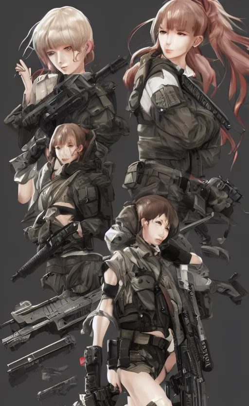 Prompt: highly detailed, high resolution, character design art, stunning, volumetric lightning, realistic guns, girls frontline style, matte, sharp focus, 130mm, illustration, artstation, by yusuke kozaki, realistic human anatomy, simple design, realistic military gear, metal gear style, realistic faces, comic