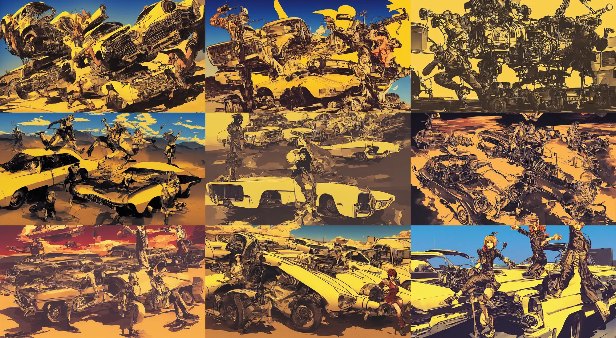 Prompt: portrait of a dieselpunk american 7 0's desert musclecar anime driver, dynamic pose, route 6 6, yellow sky, artwork by hiroaki hashimoto and piotr jabłonski and shinkiro