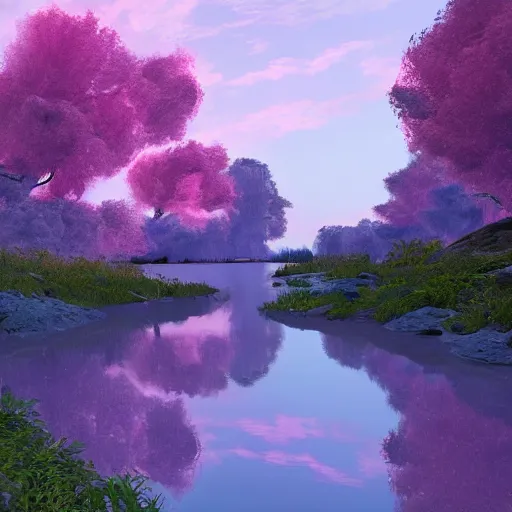 Prompt: a hyperdetailed realistic rendering of a beautiful river landscape, colors of cotton candy pink and blue, river is very reflective, high detail, 8 k, super texture, hyperrealistic, cryengine, vray, textured