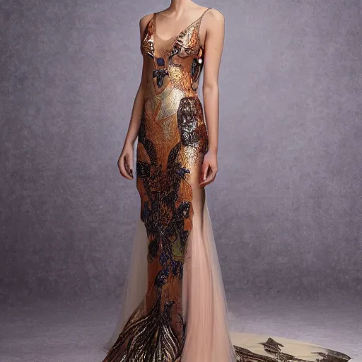 Image similar to exclusive evening dress made of bronze transparent fabric fantasy with colored flower petals made of fabric. intricate asymmetrical patterns. an elegant hat. hyperrealistic photos, clear details.