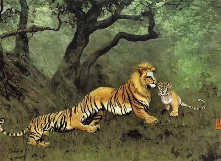 Image similar to a lion and a tiger in a forest by frank frazetta