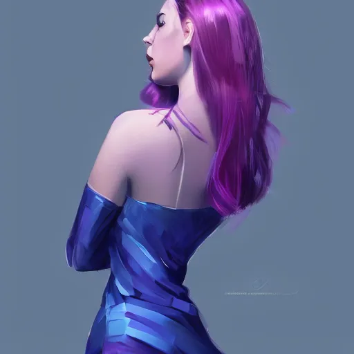 Image similar to a woman wearing a purple and blue dress, full body shot, red hair, highly detailed, digital painting, artstation, concept art, smooth, sharp focus, illustration