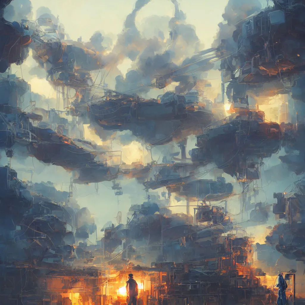 Prompt: atom, by greg rutkowski, by rhads, by jesper ejsing, so many wires, sharp focus, man standing, colony, atom, crowd, steam punk, blue space ship in sky, astronaut, earthquake