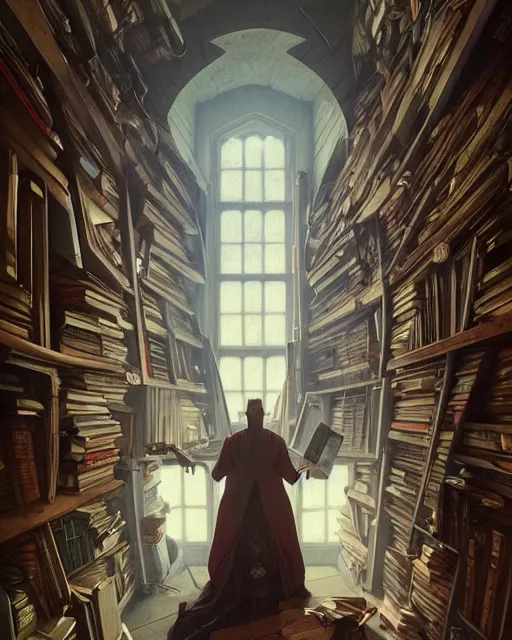 Image similar to highly detailed surreal vfx portrait of a villain in a castle of books, stephen bliss, unreal engine, greg rutkowski, loish, rhads, beeple, makoto shinkai and lois van baarle, ilya kuvshinov, rossdraws, tom bagshaw, alphonse mucha, global illumination, detailed and intricate environment