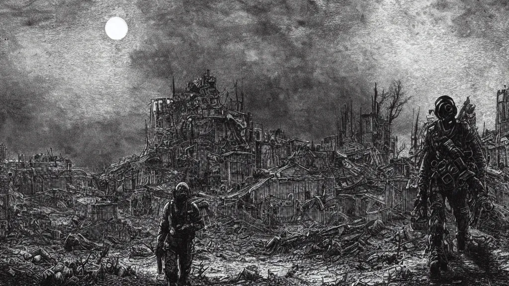 Image similar to Fallout, soldier with a gasmask, dark clouds, fire, burning, dark, eerie, night, dystopian, city, buildings, ruins, trees, moon, eldritch, illustration by Gustave Doré