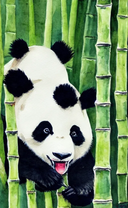 Prompt: a watercolor painting of a panda eating bamboo, dynamic lighting, photorealistic, ambient lighting, atmospherical, stunning visuals, trending on art station