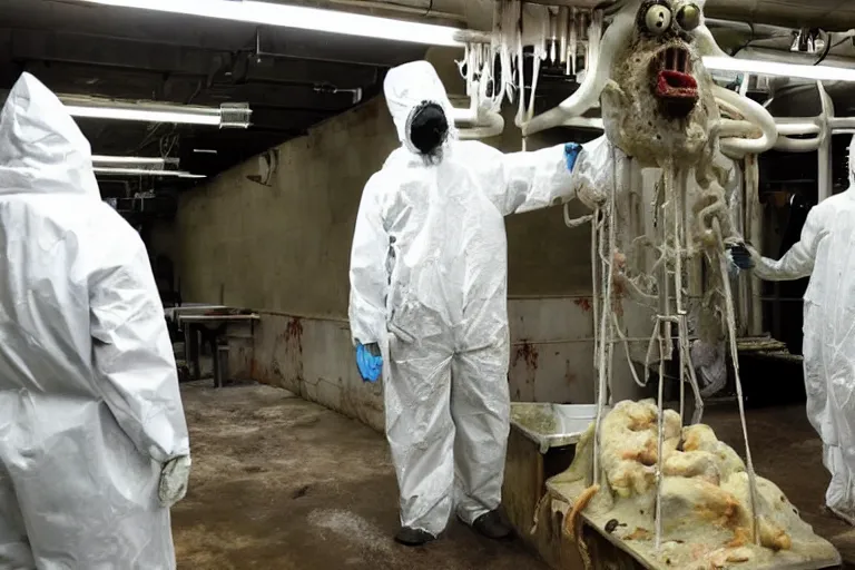 Image similar to drippy meat monster grows out of control in a creepy underground lab, man in a hazmat suit looks on helplessly