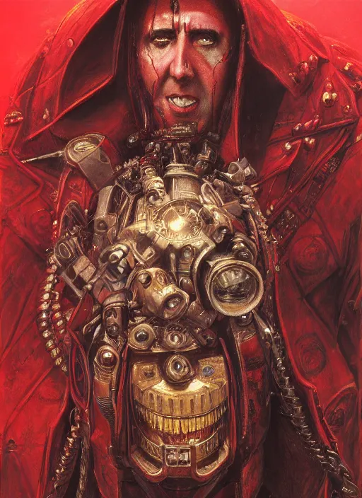 Image similar to portrait of rotten Nicolas Cage as adeptus mechanicus in red hood and robe from Warhammer 40000. Highly detailed, artstation, illustration by and John Blanche and zdislav beksinski and wayne barlowe