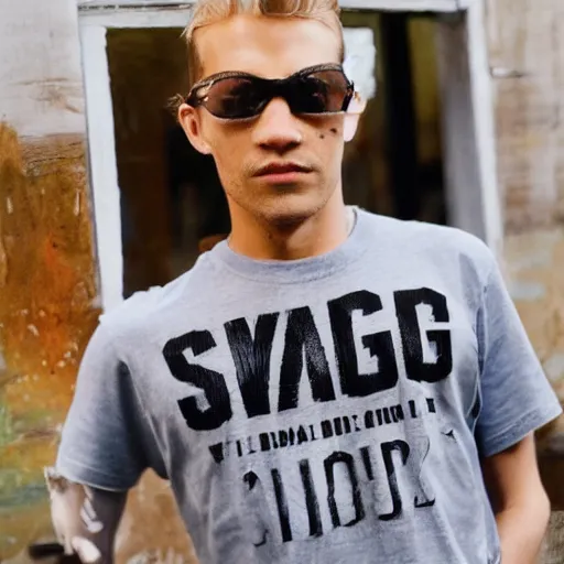 Prompt: man wearing a tshirt with the word'swag ', detailed photo