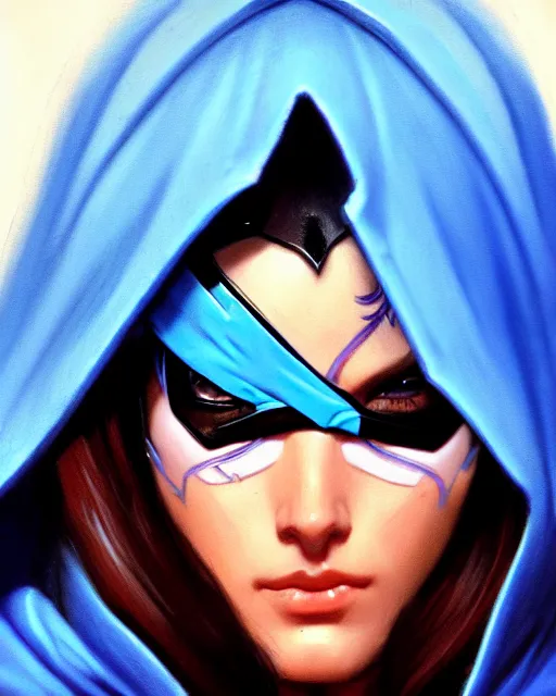 Image similar to ana from overwatch, blue hooded cloak, eye patch, character portrait, portrait, close up, highly detailed, intricate detail, amazing detail, sharp focus, vintage fantasy art, vintage sci - fi art, radiant light, caustics, by boris vallejo