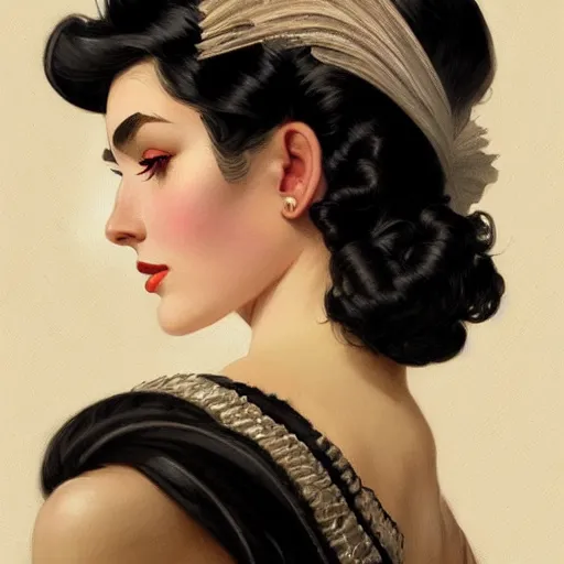 Image similar to a portrait of a woman with black hair, dressed in 1940's fashion, D&D, fantasy, intricate, elegant, highly detailed, digital painting, artstation, concept art, matte, sharp focus, illustration, art by Artgerm and Greg Rutkowski and Alphonse Mucha