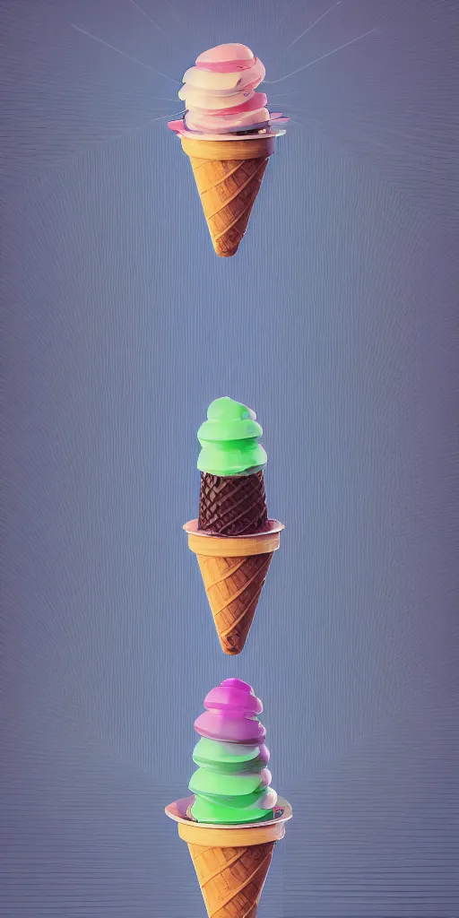 Image similar to robotic ice cream cone with 3 scoops of robotic ice cream, cyberpunk, professional, high quality, digital art, ue 5.