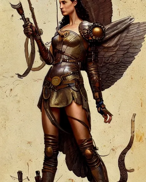 Image similar to highly detailed steampunk gal gadot standing, bronze age : leonardo da vinci, greg rutkowski, magali villeneuve