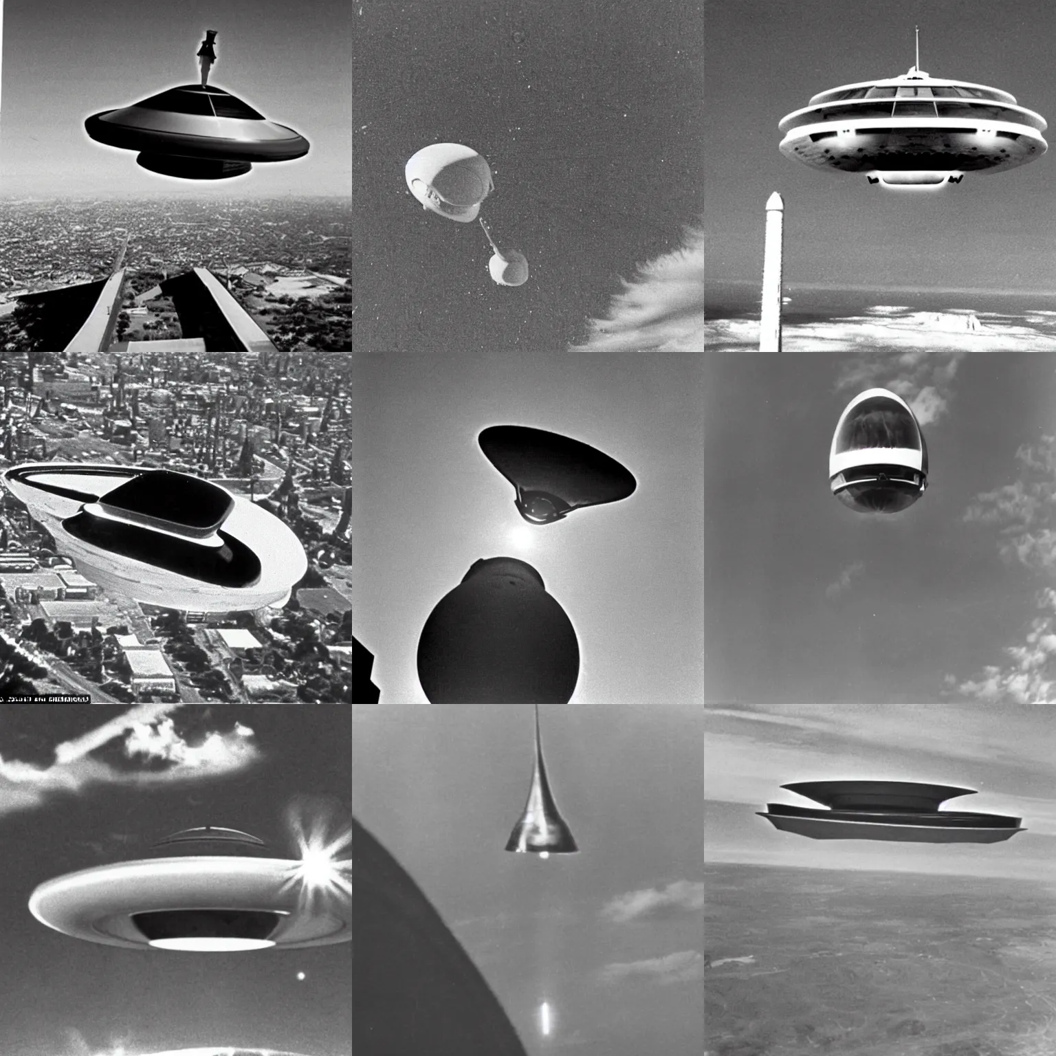 Prompt: 1960s photographic evidence of an alien spaceship seen from the ground far up in the sky