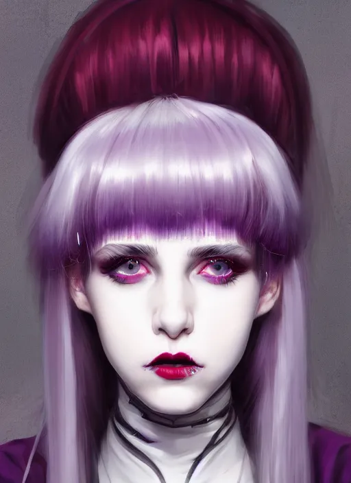 Image similar to portrait of white teenage girl, normal face, white bangs, mall goth, cyberlox, black and white hair, bangs, fluffy bangs, red contact lenses, purple lipstick, intricate, elegant, highly detailed, digital painting, artstation, concept art, sharp focus, smooth, illustration, art by wlop, mars ravelo and greg rutkowski