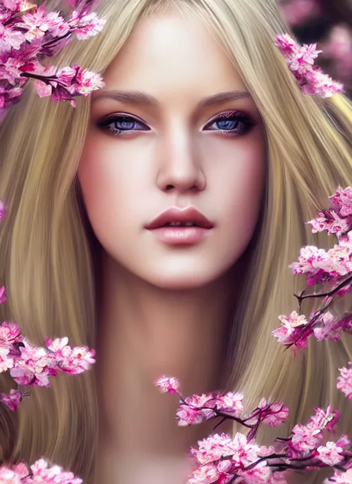 Image similar to photo of a gorgeous blonde female in the style of stefan kostic, realistic, half body shot, sharp focus, 8 k high definition, insanely detailed, intricate, elegant, art by stanley lau and artgerm, extreme blur cherry blossoms background