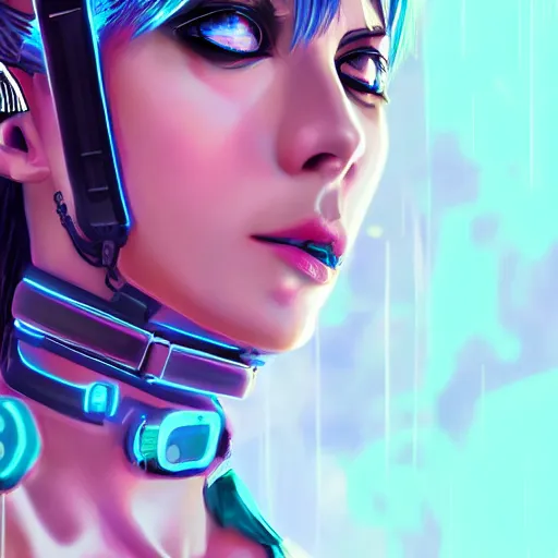 Image similar to female character cyberpunk wearing technological collar around neck, realistic, art, beautiful, 4K, collar, choker, collar around neck, punk, artstation, detailed, female, woman, choker, neon,