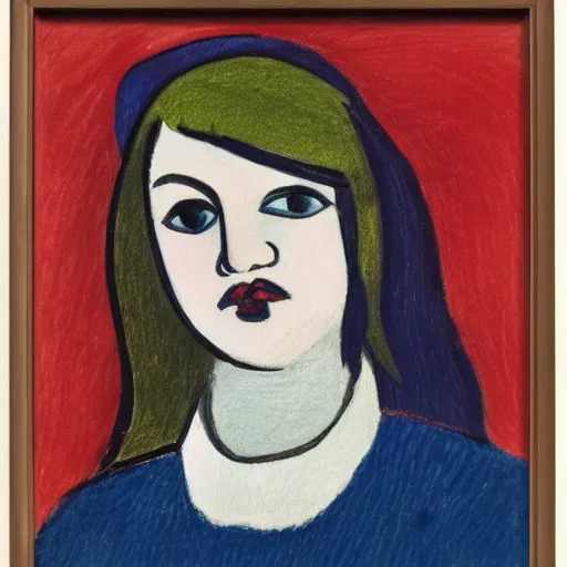 Prompt: by alexej von jawlensky jaunty, realistic. drawing. a young girl stands in the center of the frame, looking off to the side. she wears a school uniform with a short skirt & a striped shirt. the background is a vivid, with wavy lines running through it.