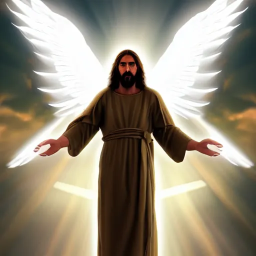 Image similar to Jesus Christ with white wings, dynamic lighting, +++++++++++ dynamic pose, high resolution, powerful, halo, 8k, glitch effect