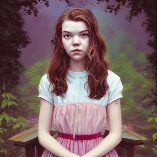 Image similar to a beautiful scenic painting of a beautiful young girl that looks like anya taylor - joy by artgerm and wlop and wes anderson and spike jonze