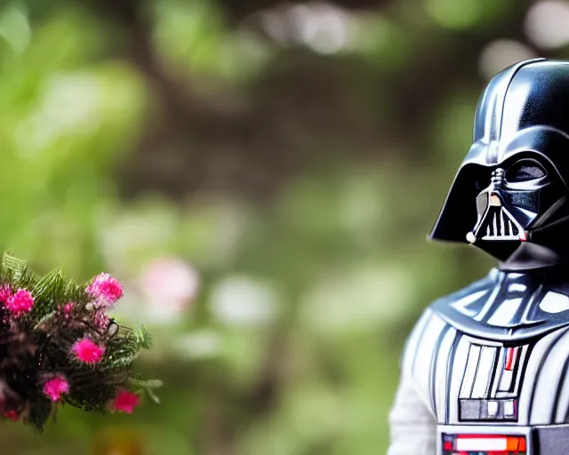 Image similar to 8 5 mm photography of darth vader playing with toys near a garden with sand with dof and bokeh and flowers