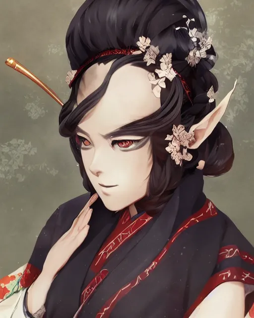 Image similar to An anime portrait of Ssunbiki as a beautiful woman wearing a kimono from Skyrim, by Stanley Artgerm Lau, WLOP, Rossdraws, James Jean, Andrei Riabovitchev, Marc Simonetti, and Sakimichan, trending on artstation