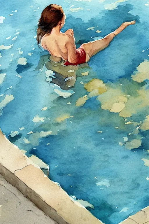 Prompt: watercolor painting of a woman on the poolside, looking down at water on her hands and feet, in the style of the birds of america illustrated by marc simonetti.