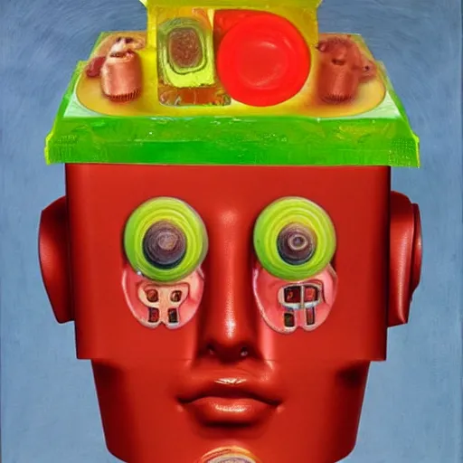 Image similar to a vintage robot head made out of jello aspic salad by giuseppe arcimboldo, oil on canvas