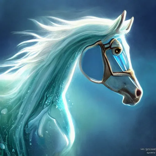 Image similar to a fantastical transparent small turquoise spirit horse made of water and foam and algae and ice, splashing water, wave, translucent, ethereal, noble, radiant, hyperalism, scottish folklore, digital painting, artstation, concept art, smooth, 8 k frostbite 3 engine, ultra detailed, art by artgerm and greg rutkowski and magali villeneuve