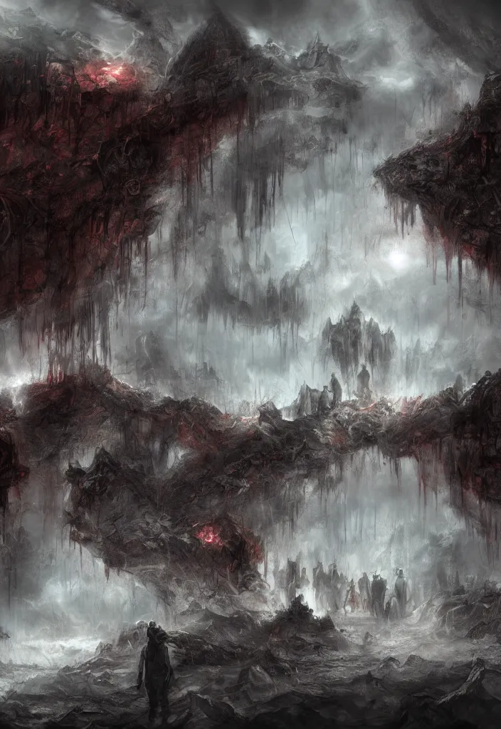 Prompt: landscape of hell with people suffering and ghost, digital art, concept art, deviantart. highly detailed