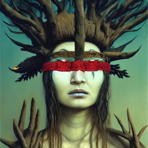 Image similar to A young blindfolded shaman woman with a decorated headband from which blood flows, in the style of heilung, blue hair and wood on her head. The background is a forest on fire, made by Esao Andrews and Karol Bak and Zdzislaw Beksinski,