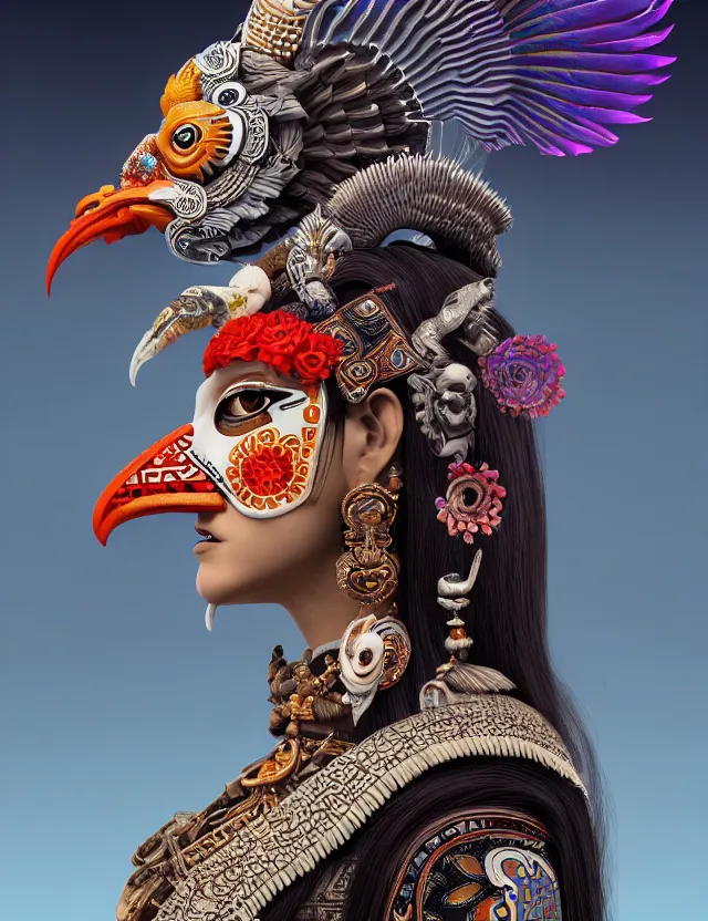 Image similar to 3 d goddess close - up profile portrait aztec with ram skull. beautiful intricately detailed japanese crow kitsune mask and clasical japanese kimono. betta fish, jellyfish phoenix, bio luminescent, plasma, ice, water, wind, creature, artwork by tooth wu and wlop and beeple and greg rutkowski