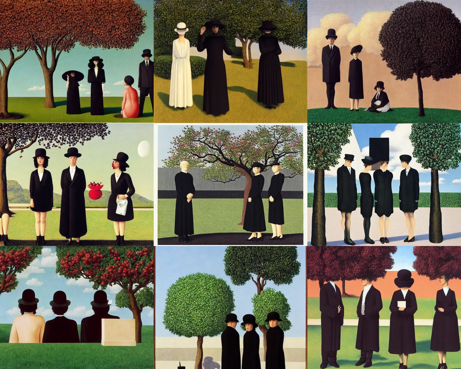 Prompt: hd art by rene magritte. three goths loitering in the shade, talking beneath a cherry tree outside a blockbuster video store.