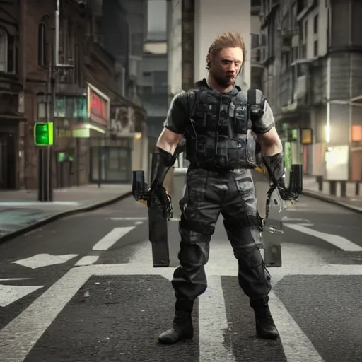 Image similar to Limmy on the streets of Glasgow dressed a solid snake from metal gear solid, unreal engine, octane render, 4k, cinematic,