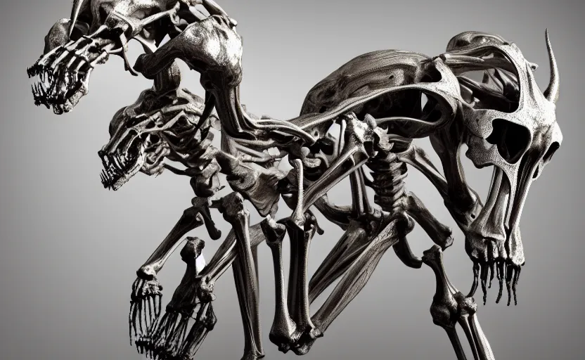 Image similar to stylized shiny polished silver statue full body extra limbs bizarre cosmic horror quadruped animal ( skeleton ) four legs made of marble of slug creature tendrils, perfect symmetrical body, perfect symmetrical face, hyper realistic, hyper detailed, by johannen voss, by michelangelo, octane render, blender, 8 k, displayed in pure white studio room