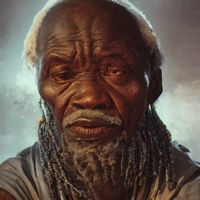 Image similar to a painting of a wise elder from Africa . dramatic angle, ethereal lights, details, smooth, sharp focus, illustration, realistic, cinematic, artstation, award winning, rgb , unreal engine, octane render, cinematic light, macro, depth of field, blur, red light and clouds from the back, highly detailed epic cinematic concept art CG render made in Maya, Blender and Photoshop, octane render, excellent composition, dynamic dramatic cinematic lighting, aesthetic, very inspirational, arthouse.