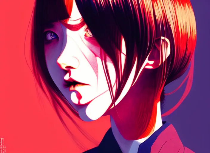 Image similar to editorial illustration by Karolis Strautniekas and Mads Berg, colorful, anime portrait vampire princess miyu, katsuhiro otomo, manga, Ilya kuvshinov,fine texture, realistic shading, fine details, matte colors, film noir, dramatic lighting, dynamic composition, moody, vivid, volumetric