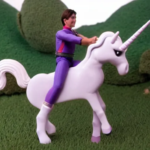 Prompt: wesley crusher riding a unicorn into battle