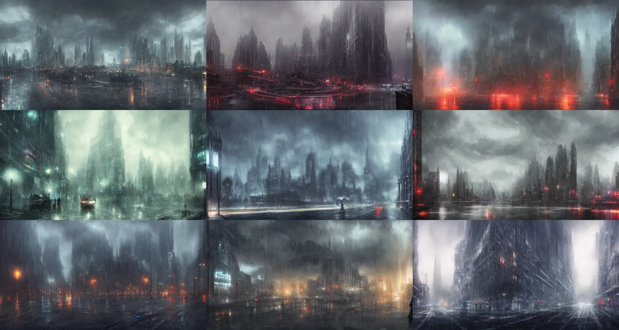 Prompt: a matte painting of a rainy city, marvel cinematic universe concept art, good value control, concept art, digital painting, sharp focus, symmetrical, 4k, illustration, rule of thirds, sci-fi, elden ring, centered, moody colors, moody lighting, atmospheric