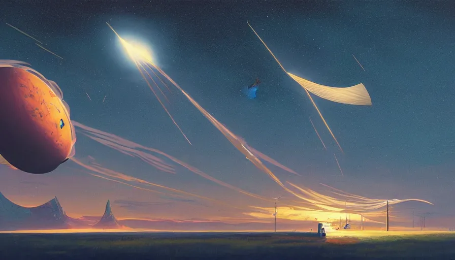 Prompt: solar sail traveling to the sun, earth visible below, simon stalenhag