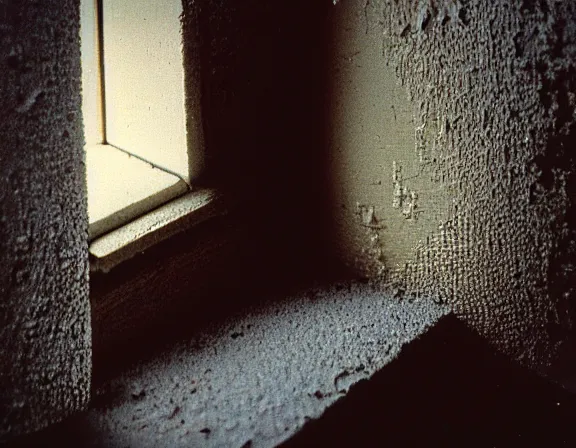 Prompt: small size room with figure film still 1 9 9 2 industrial skin water mold