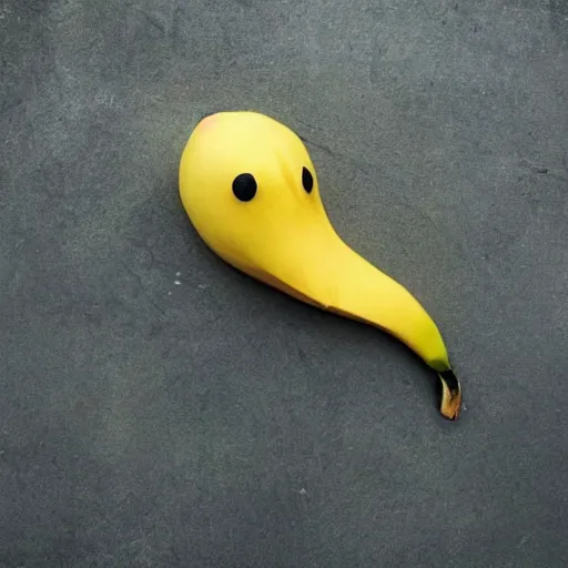 Image similar to a banana in the shape of a duck. A duck in the shape of a banana. Banana duck.