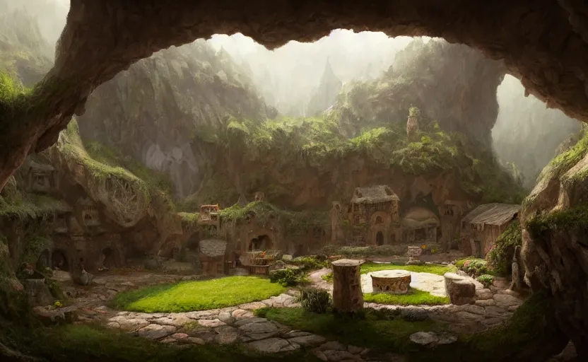 Image similar to painting of a series of living quarters overlooking communal area of a hidden, cozy ring - shaped complex carved inside a mountain, cozy bed, well maintained, clean, medieval, fantasy genre, natural light, fantasy, natural light, concept art, by greg rutkowski and craig mullins, cozy atmospheric and cinematic lighting, trending on artstation